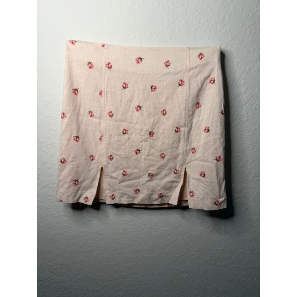 Forever 21 Pink Rose Floral Mini Skirt Cream Linen Blend Front Slits Small